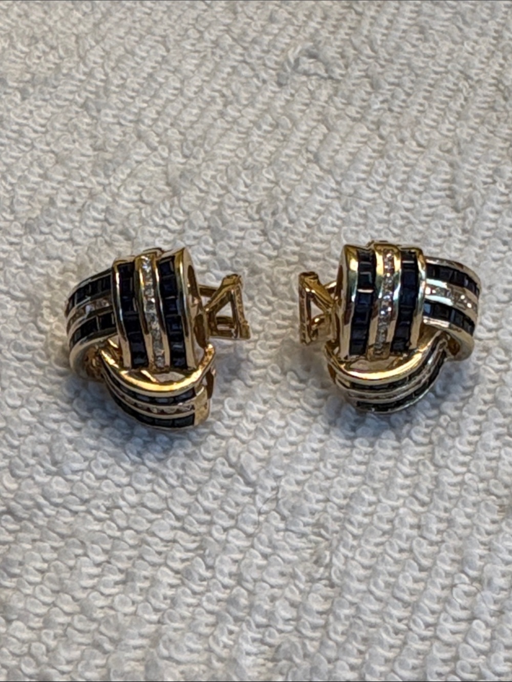 Vintage Leer Gems LTD 14K Yellow Gold Sapphire Diamond Ribbon Earrings